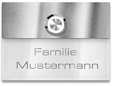 Metzler Türklingel in Weiß mit Gravur – Edelstahl V2A Klingelplatte, LED-beleuchteter Klingeltaster, Unterputz-Montage, 110 x 80 mm