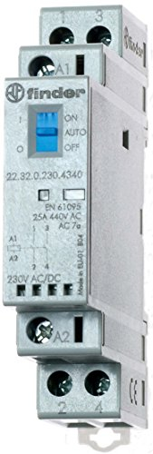 finder 223200244340PAS Installationsschütze, modular, 24 VAC/DC, 2 Schließer, Öffner, 25 A, Kontaktmaterial: AgSnO2, mechanische Anzeige, LED-Anzeige, mit Schalter Grau