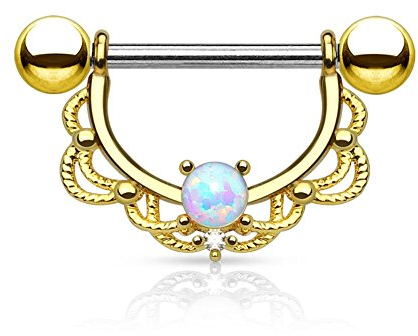 Paula & Fritz® Brustwarzen-Piercing Brustpiercing Frau Maenner Intimpiercing Mann Nippelpiercing Edelstahl Chirurgenstahl 316L Filigraner Bogen Opal Silber, Gelbgold, Roségold K11003-14_GD