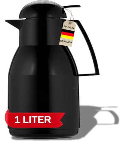 Helios Top Push Thermoskanne Schwarz 1L – 6h Heiß - Hält Getränke heiß & kalt – Einhandbedienung – Einfaches Reinigen - Hochglänzender Kunststoffmantel
