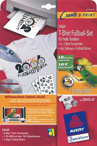 Avery Zweckform T-Shirt Transfer-Folie für Tintenstrahldrucker für helle Baumwoll-Textilien 6 Blatt Aktion: Fußballpunkte sammeln