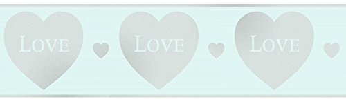 Fine Decor Glitz Hearts Glitter Wallpaper Border Teal / Silver (DLB50148)