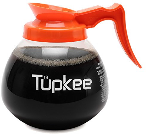 Tupkee Commercial Coffee Pot Decanter - Replacement Carafe - Glass, 64 oz. 12-Cup, Orange Handle / Decaf