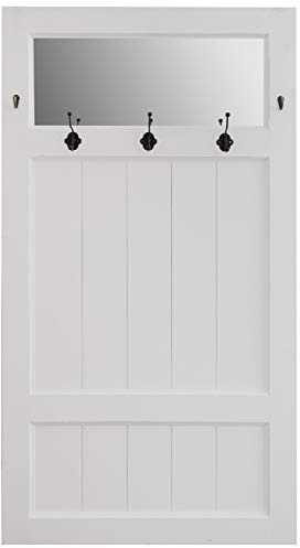 elbmöbel Wandgarderobe mit Spiegel, Landhausstil, 140x74 cm | Massivholz & MDF, antik weiß, 5 Metallhaken, Dekotür-Design, fertig montiert – ideal für Flur & Eingangsbereich