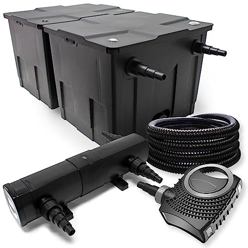 Wiltec Komplettset: CBF-350B Teichfilter bis 60000 L Teichfilteranlage als Durchlauffilter, NEO10000 SuperECO Teichpumpe 10000l/h 80W, CUV-218 Teichklärer UVC Klärer mit 18W, 25m Teichschlauch 25 mm