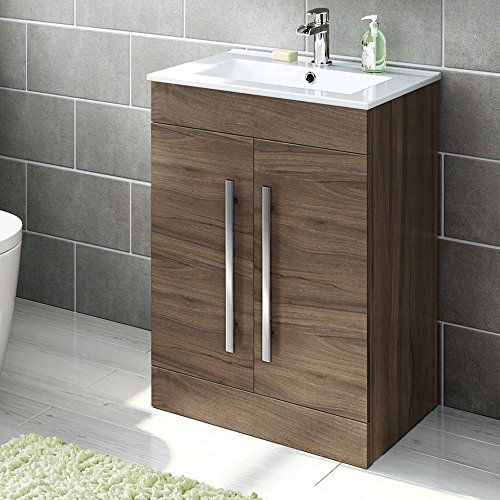 iBathUK Avon Vanity Unit with Basin, Slim Edge Ceramic Wash Basin for Bathroom Furniture, Storage Cabinet with 2 Doors- Walnut (Flat Pack)