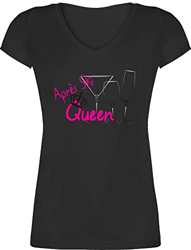 T-Shirt Damen V Ausschnitt - Skiurlaub - Après Ski Queen - Apres Ski Party Outfit Mottoparty - XXL - Schwarz - Shirt skishirts Skifahren apre Tshirt Fasching après-ski-Party-Outfit Wintersport