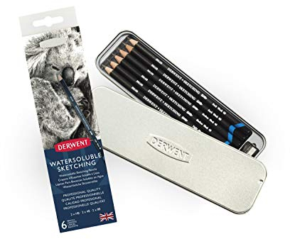Derwent Wasserlösliche Zeichenstifte, Zeichnen & Schreiben, 6er-Set, Inkl. 3 Härtegrade (HB, 4B, 8B) & Spitzer, Ideal zum Skizzieren, Professionelle Qualität, 0700837