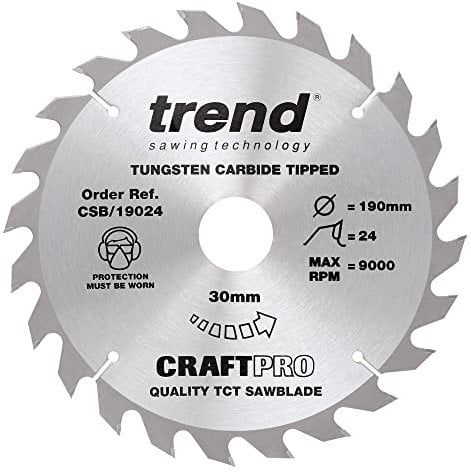 Trend Wood Circular Saw Blade, 190mm Diameter, 30mm Bore, 24 Teeth, 2.4mm Kerf, +15° Hook, TCT, Medium Finish, CSB/19024