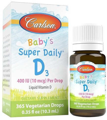 Carlson - Baby's Super Daily D3, Baby Vitamin D Drops, 400 IU (10 mcg) per Drop, 1-Year Supply, Vegetarian, Liquid Vitamin D for Infants and Toddlers, Unflavored, 365 Drops