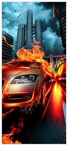 Wallario Selbstklebende Türtapete Brennendes fahrendes Auto - Türposter 93 x 205 cm Abwischbar, rückstandsfrei zu entfernen