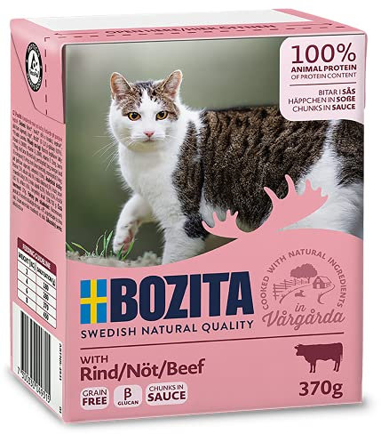 Bozita Häppchen in Soße Nassfutter mit Rind im Tetra Recart 16x370g - Getreidefrei - nachhaltig produziertes Katzenfutter für erwachsene Katzen - Alleinfuttermittel