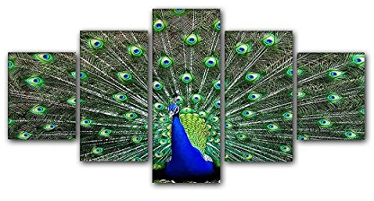 Caro-Art 5-teiliges Wandbild Pfau Leinwand und Keilrahmen. Beste Qualität, handgefertigt in Deutschland! (Gesamt: 80x160cm)
