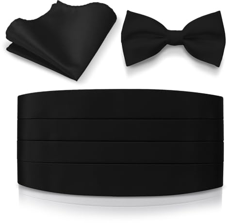 Platinum Hanger Mens Satin Cummerbund Bowtie Hanky set, 4 Pleat, Large Variety of Solid Colors Available (Black)