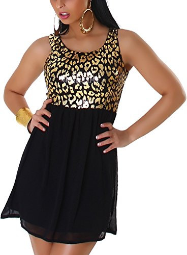 Graffith Damen Pailletten Mini Kleid Bandeau Peplum Chiffonrock Glitzer Glanz, Gold 36-38 (L)