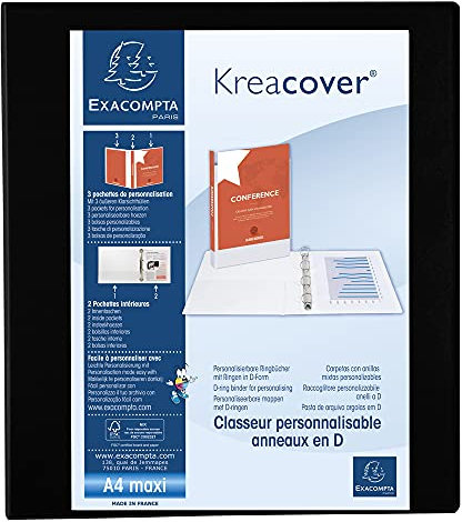 Exacompta 51843NE Präsentationsringbuch KreaCover aus blickdichtem Kunststoff für DIN A4, 4-D Ring Mechanik 40 mm, Rücken 64 mm, schwarz ideal für Schule und Büro Ringhefter Ringordner Ringbuchordner