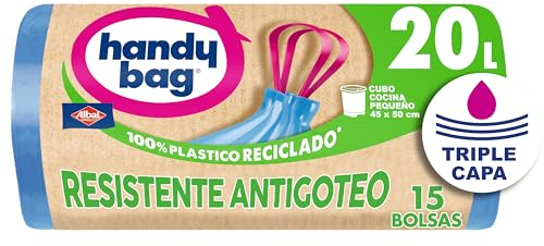 Handy Bag Bolsas de Basura Resistente Antigoteo, 100% Reciclado, Autocierre, 20L, 15 Bolsas, 1 Paquete
