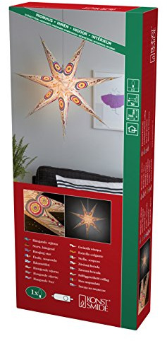 Konstsmide Weißer Papierstern, perforiert und mit farbigem Musterdruck, 7 Zacken, inkl. Anschlusskabel mit an/aus Schalter, ohne Leuchtmittel, E14 Lampenhalterung, 230V, Innen, weißes Kabel - 2926-255