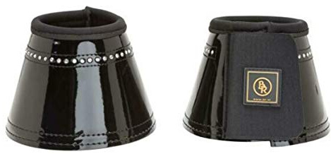 BR Glamour Lacquer - Campanas de saltar para caballos de color blanco con forro de neopreno grueso, brillante piel lacada, piedras de estrás, doble cierre de velcro, Negro , medium