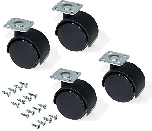 Emuca - Ruedas para muebles, kit de 4 ruedas giratorias gemelas negras con placa de montaje, Ø 30mm, Emuca