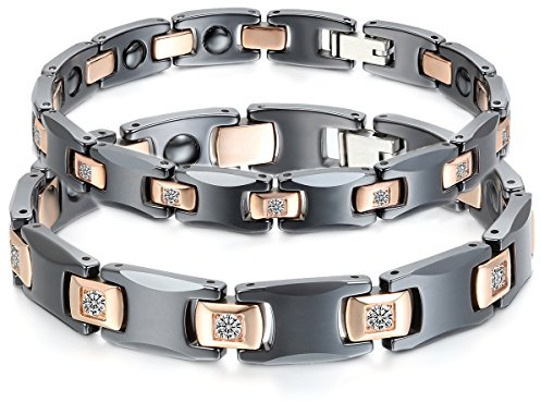 JewelryWe Schmuck Damen Armband, Lieben Freundschaftsarmband, I Rechteckig Link Magnet Charm, Zirkonia Diamant Edelstahl Keramik, Rose Gold Schwarz