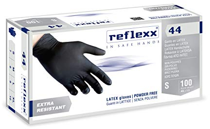 Reflexx R44, Guanti in Lattice senza Polvere Gr. 6.2, 100 Pezzi, Nero