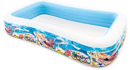 Intex Piscina Hinchable Grande diseño océano, 305x183x56 cm, 1050 litros, 3 cámaras de Aire, Tapón de desagüe, Vinilo Resistente, Uso Exterior, Ideal jardín y Verano, Parche Incluido, +6 años (58485)