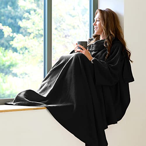 CKB LTD Snug Rug Cosy Blanket With Sleeves GENUINE SnugRug Sleeved Blankets Super Soft 160gsm Fleece Soft Fabric Oversized Sleeves and Pouch Pocket Adults Size (Black)
