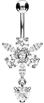 PIERCINGLINE Piercing Nombril Titane Argent 925 Cristal Fleur + Pendentif Coeur Banane Clochette Couleur au Choix, Titane, Cristal