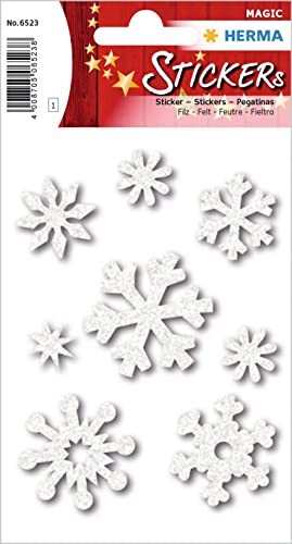 HERMA 6523 Aufkleber Schneeflocken klein groß, 8 Stück, Weihnachten Sticker aus Filz mit Eiskristalle Motiv, Kinder Etiketten für Weihnachtsdeko Geschenke Adventskalender Winter Dekoration DIY Basteln