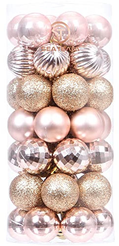 Sea Team 46-Pack Christmas Ball Ornaments with Strings, 30mm/1.18 Mini Size Baubles, Shatterproof Plastic Christmas Bulbs, Hanging Decorations for Xmas Tree, Holiday, Wedding, Party, Rose Gold
