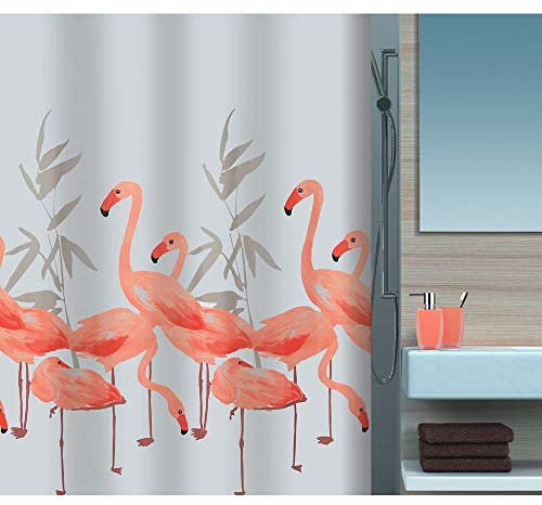 Spirella Anti-Schimmel Duschvorhang - Anti-Bakteriell, waschbar, wasserdicht, Polyester, „Flamingo“ 180x180cm Weiß
