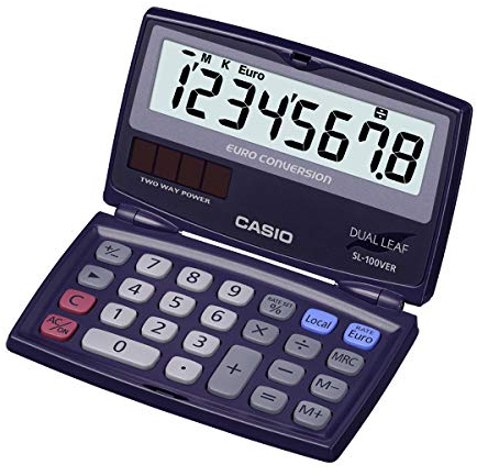 CASIO Taschenrechner SL-100VER, 8-stellig, Währungsumrechnung, Tausenderunterteilung, klappbar, Solar-/Batteriebetrieb