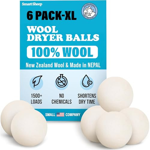 Wool Dryer Balls - Smart Sheep 6-Pack - XL Premium Natural Fabric Softener Award-Winning - Wool Balls Replaces Dryer Sheets - Wool Balls for Dryer - Laundry Balls for Dryer, 6 Count (Pack of 1)