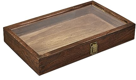 MOOCA Natural Wood Glass Top Jewelry Display Case Accessories Storage Box with Metal Clasp, Wooden Jewelry Tray for Collectibles, Home Organization, Brown