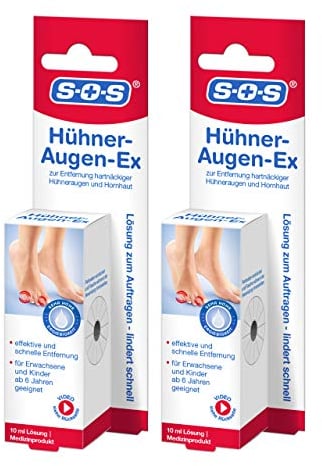 SOS Hühneraugen Ex | Hühneraugen entfernen | Auch zur Entfernung von Hornhaut | Erwachsene + Kinder ab 6 J. | mit Pinsel | Medizinprodukt 2 x 10ml