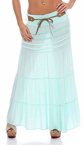Malito – Rock Damen bodenlang aus Baumwolle mit elegantem Strickmuster & Kunstleder Gürtel – Maxi Rock lang mit breitem Bund – Luftiger Sommerrock 1116 (Türkis 34-40)
