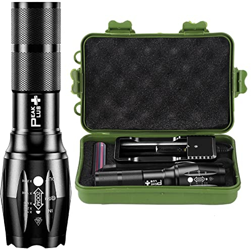 PEAKPLUS Super Bright LED Tactical Flashlight Zoomable Adjustable Focus 5 Modes Water Resistant Torch with Rechargeable 18650 Lithium Ion Battery & Charger