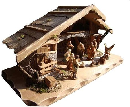 XXL Große Weihnachtskrippe mit Zubehör, BTV 80 cm massiv Vollholz Massivholz komplett mit großen hochwertigen Premium Figuren, Stall Krippenstall Beleuchtung K80MF