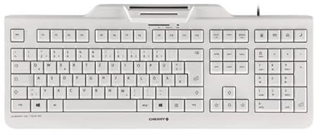 CHERRY KC 1000 SC, Kabelgebundene Security-Tastatur mit integriertem Kartenleser, Belgisches Layout (AZERTY), Plug & Play (USB-A), Flaches Design, Weiß-Grau