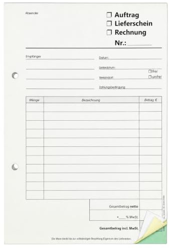 1x Kombiformular DIN A5 Auftrag Lieferschein Rechnung 3-fach 3x30 Blatt | 3 Formulare in 1: Auftrag, Lieferschein & Rechnung, 3-fach SD, 30 Sätze, gelocht, mit Schreibschutz