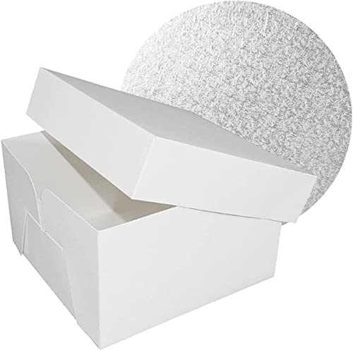 Culpitt 12 Round Silver Cake Drum Board & White Box Combo, 12 Inch Square Box and Matching Cake Circle Set For Transport