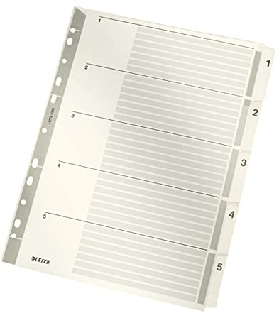 Leitz Register für A4, Deckblatt und 5 Trennblätter, Taben mit Zahlenaufdruck 1-5, Lochrand und bunte Taben folienverstärkt (Mylar), Grau, Karton, 43230000
