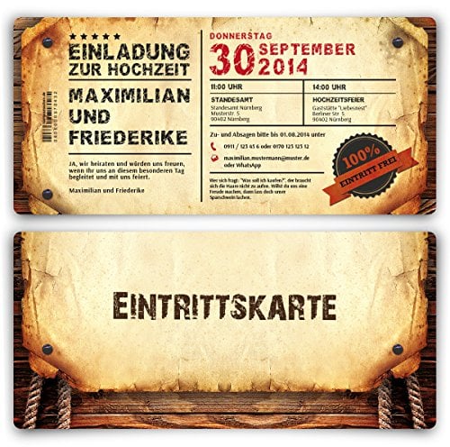 Einladungskarten zur Hochzeit (10 Stück) als Eintrittskarte im Vintage-Look Hochzeitskarten