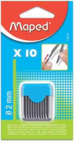 Maped - Étui Rigide de 10 Mines de Rechange 2 mm pour Recharge Compas Scolaire - Mine Compas Maped avec Pointe 2 mm HB