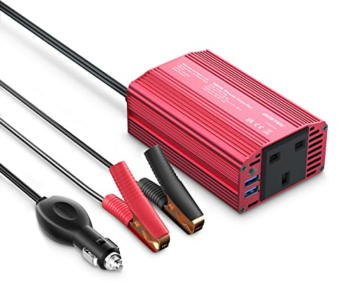 BESTEK 300W Power Inverter DC 12V to AC 230V Car Voltage Converter with 12-Volt Clip-On Battery Cigarette Lighter Adapter & 2-USB Charging Ports