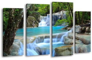 Leinwandbild Wasserfall im Wald LW393 Wandbild, Bild auf Leinwand, 4 Teile, 180x100cm, Kunstdruck Canvas, XXL Bilder, Keilrahmenbild, fertig aufgespannt, Bild, Holzrahmen, Fluss, Bäume, Wasser,
