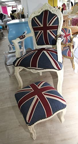 Casa Padrino Barock Esszimmerstuhl mit Armlehnen Union Jack/Creme + dazugehöriger Fußhocker
