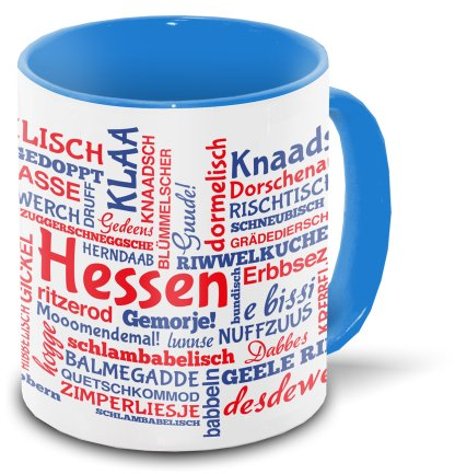 Hessen-Tasse Tagcloud - weiß/blau - Tasse mit typischen Wörtern im hessischen Dialekt | Keramik-Tasse mit 330 ml Inhalt | Kermaik-Tasse mit 330 ml Inhalt | Keramik-Tasse mit 330 ml Inhalt