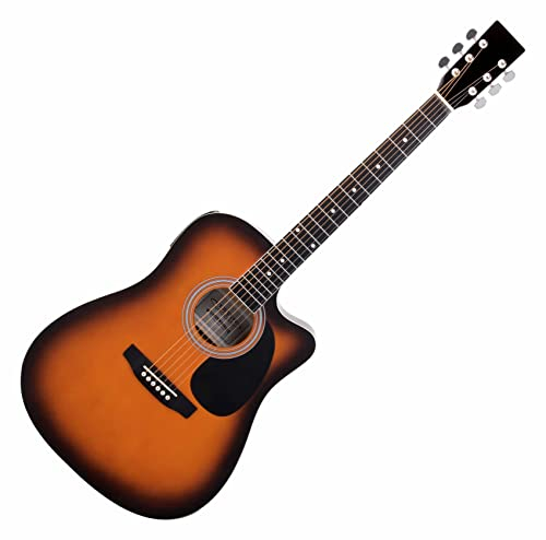 Classic Cantabile WS-10SB-CE Westerngitarre mit Tonabnehmer (Akustik und verstärkt, Dreadnought, Cutaway, 3-Band EQ + Presence, Stimmgerät Tuner mit LCD, XLR und Klinke) sunburst Hochglanz